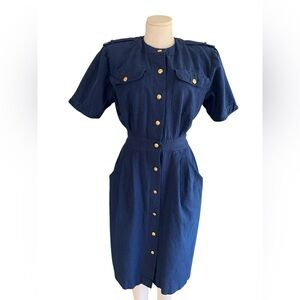 Vintage Susan Bennett Navy Dress Gold Nautical Buttons Epaulets Pockets Size 10